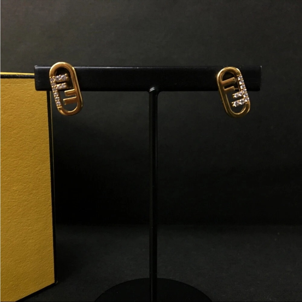 FENDI FF Logo Rhinestone Gold Tone Pierced Earrings - Picture 1 of 7
